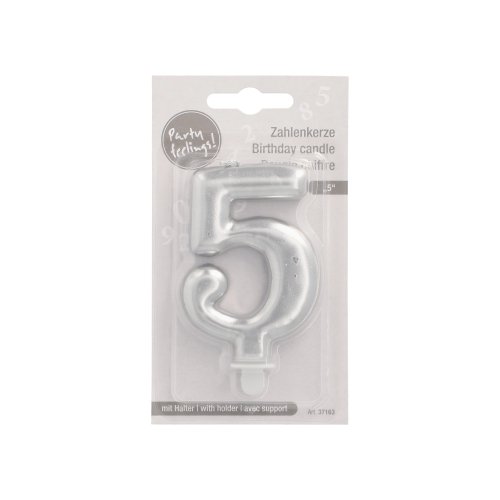 1 Zahlenkerze mit Halter 7 cm silber "5" 4320 Zahlenkerze mit Halter 7 cm silber "5"