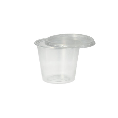 50 Deckel für Dressingbecher, PP rund Ø 7,1 cm · 0,5 cm transparent 36000 Dressingbecher, PP rund 125 ml Ø 7,1 cm · 5,7 cm transparent