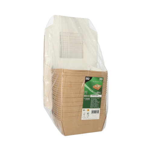 2400 Feinkostboxen, Pappe mit Sichtfenster aus PLA eckig 750 ml 14 cm x 14 cm x 5 cm braun
