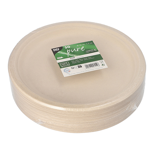 50 Teller, Zuckerrohr "pure" ungeteilt Ø 26 cm · 2 cm natur 6000 Teller, Zuckerrohr "pure" ungeteilt Ø 26 cm · 2 cm natur