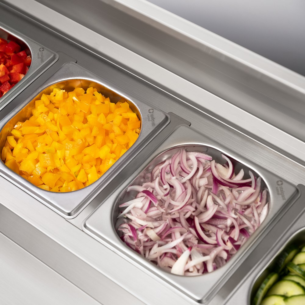 Saladette, 2-türig, GN 1/1, Aufnahme 5x GN 1/6, 900x700x1000 mm (BxTxH)