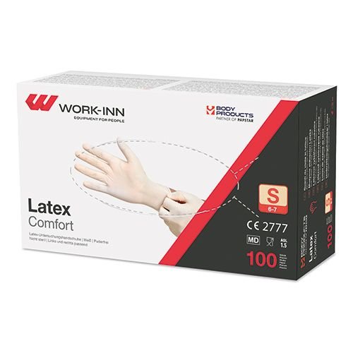 100 "WORK-INN" Handschuhe, Latex puderfrei "Comfort" weiss - natur Größe S 36000 "WORK-INN" Handschuhe, Latex puderfrei "Comfort" weiss - natur Größe S