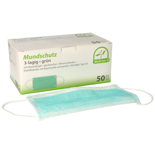 Medi-Inn® Mundschutz Type IIR 3-lagig 9 cm x 17,5 cm grün mit Nasenbügel und Elastikbänder Medi-Inn® Mundschutz Type IIR 3-lagig 9 cm x 17,5 cm grün mit Nasenbügel und Elastikbänder