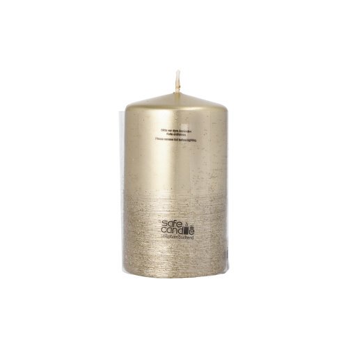 1488 Stumpenkerze "Safe Candle" Ø 60 mm · 100 mm gold "Fia" einzeln cellophaniert
