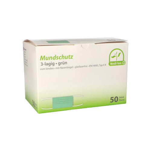Medi-Inn® Mundschutz Type IIR 3-lagig 9 cm x 17,5 cm grün mit Nasenbügel, zum Binden Medi-Inn® Mundschutz Type IIR 3-lagig 9 cm x 17,5 cm grün mit Nasenbügel, zum Binden