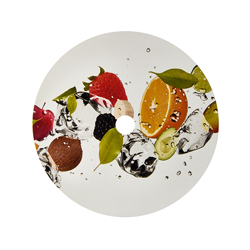 500 Abdeckungen für Becher, Pappe rund Ø 10 cm "Fruits" mit Lochung